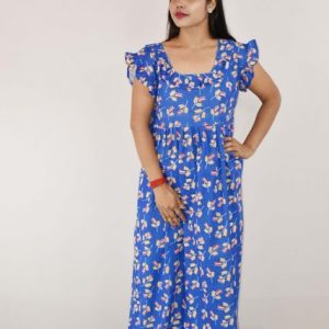 Blue Cotton Maxi Nighty Square Neck Short Sleeves with pleats