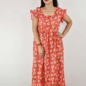 Red Cotton Maxi Nighty Square Neck Short Sleeves with pleats