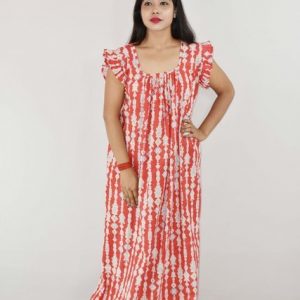 Red Cotton Maxi Nighty Square Neck Short Sleeves with pleats