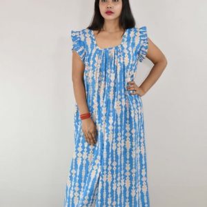 Blue Cotton Maxi Nighty Square Neck Short Sleeves with pleats
