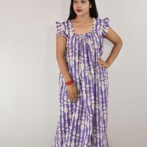 Purple Cotton Maxi Nighty Square Neck Short Sleeves with pleats