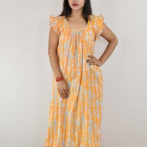 Yellow Cotton Maxi Nighty Square Neck Short Sleeves with pleats