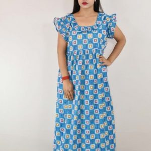 Blue Cotton Maxi Nighty Square Neck Short Sleeves with pleats