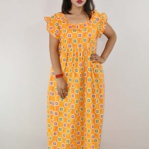Yellow Cotton Maxi Nighty Square Neck Short Sleeves with pleats