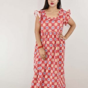 Red Cotton Maxi Nighty Square Neck Short Sleeves with pleats