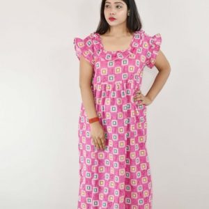 Pink Cotton Maxi Nighty Square Neck Short Sleeves with pleats