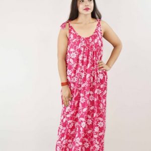 Pink Cotton Ribbon Maxi Nighty