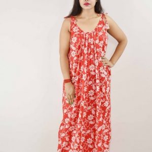 Red Cotton Ribbon Maxi Nighty