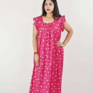 Pink Cotton Maxi Nighty Square Neck Short Sleeves with pleats