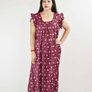 Maroon Cotton Maxi Nighty Square Neck Short Sleeves with pleats