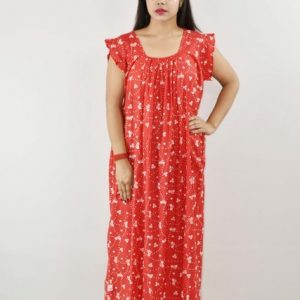 Red Cotton Maxi Nighty Square Neck Short Sleeves with pleats