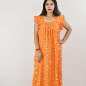 Yellow Cotton Maxi Nighty Square Neck Short Sleeves with pleats