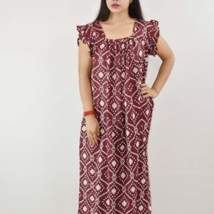 Maroon Cotton Maxi Nighty Square Neck Short Sleeves with pleats