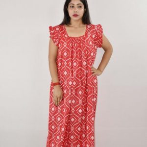 Red Cotton Maxi Nighty Square Neck Short Sleeves with pleats