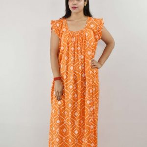 Yellow Cotton Maxi Nighty Square Neck Short Sleeves with pleats