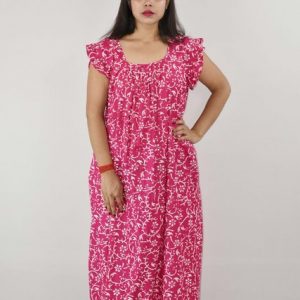 Pink Cotton Maxi Nighty Square Neck Short Sleeves with pleats