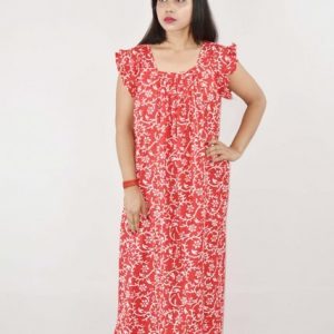 Red Cotton Maxi Nighty Square Neck Short Sleeves with pleats