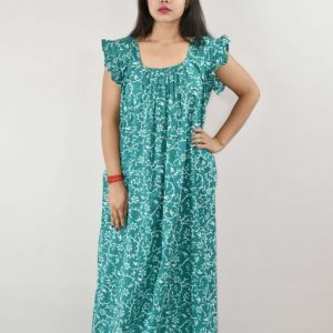 Sky Blue Cotton Maxi Nighty Square Neck Short Sleeves with pleats
