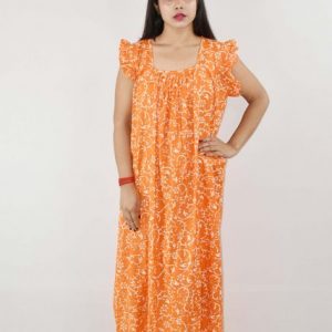 Yellow Cotton Maxi Nighty Square Neck Short Sleeves with pleats