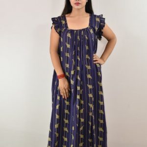Blue Maxi Nighty Square Neck Short Sleeves with pleats