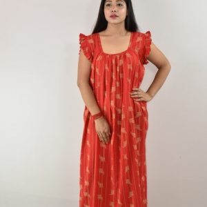 Red Maxi Nighty Square Neck Short Sleeves with pleats