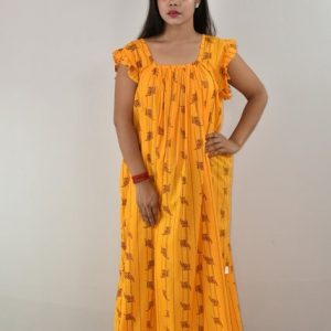 Yellow Maxi Nighty Square Neck Short Sleeves with pleats
