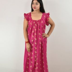 Pink Maxi Nighty Square Neck Short Sleeves with pleats