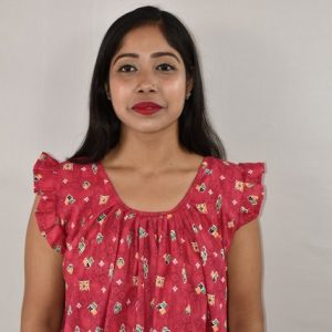 Pink Cotton Maxi nighty Round Neck Short Sleeves with pleats