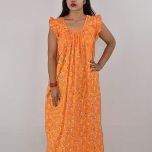 Yellow Cotton Maxi nighty Round Neck Short Sleeves with pleats