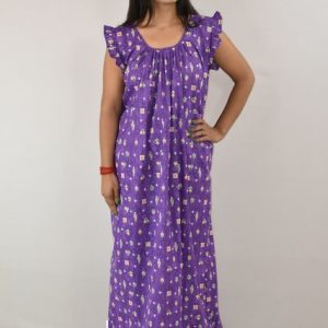 Purple Cotton Maxi nighty Round Neck Short Sleeves with pleats