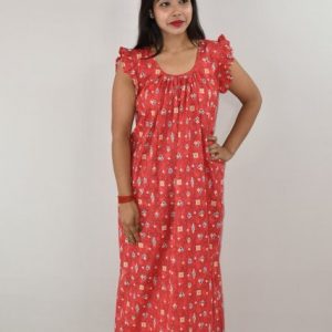 Red Cotton Maxi nighty Round Neck Short Sleeves with pleats
