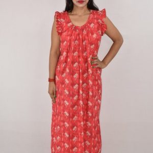 Red Cotton Maxi nighty Round Neck Short Sleeves with pleats