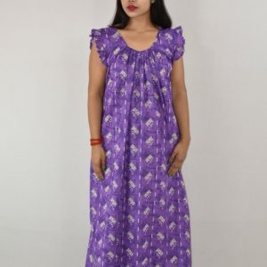 Purple Cotton Maxi nighty Round Neck Short Sleeves with pleats
