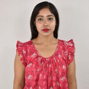 Pink Cotton Maxi nighty Round Neck Short Sleeves with pleats