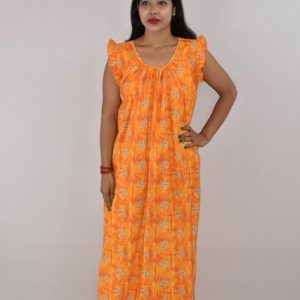 Yellow Cotton Maxi nighty Round Neck Short Sleeves with pleats