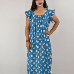 Blue Maxi Nighty Square Neck Short Sleeves with pleats