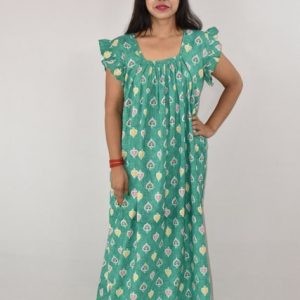 Green Maxi Nighty Square Neck Short Sleeves with pleats