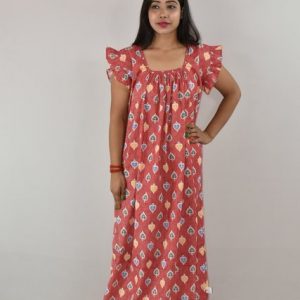 RED Maxi Nighty Square Neck Short Sleeves with pleats