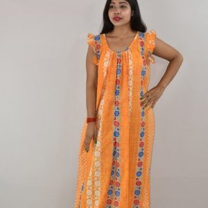 Yellow Cotton Maxi nighty Round Neck Short Sleeves with pleats