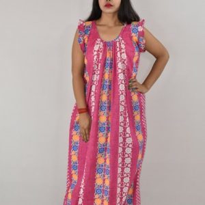 Pink Cotton Maxi nighty Round Neck Short Sleeves with pleats