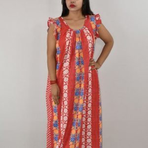 Red Cotton Maxi nighty Round Neck Short Sleeves with pleats