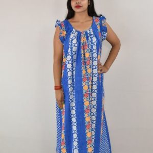 Blue Cotton Maxi nighty Round Neck Short Sleeves with pleats