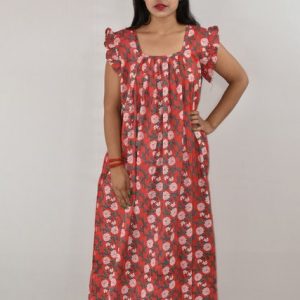 Red Maxi Nighty Square Neck Short Sleeves with pleats