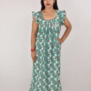Green Maxi Nighty Square Neck Short Sleeves with pleats
