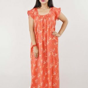 Red Cotton Maxi Nighty Square Neck Short Sleeves with pleats