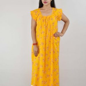 Yellow Cotton Maxi Nighty Square Neck Short Sleeves with pleats