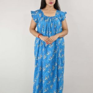 Blue Cotton Maxi Nighty Square Neck Short Sleeves with pleats