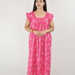 Pink Cotton Maxi Nighty Square Neck Short Sleeves with pleats