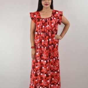 Red Cotton Maxi Nighty Square Neck Short Sleeves with pleats
