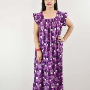 Purple Cotton Maxi Nighty Square Neck Short Sleeves with pleats